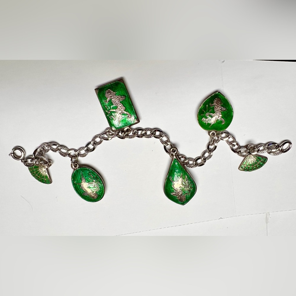 Vintage Siam Sterling Green Enamel and Silver Charm Bracelet